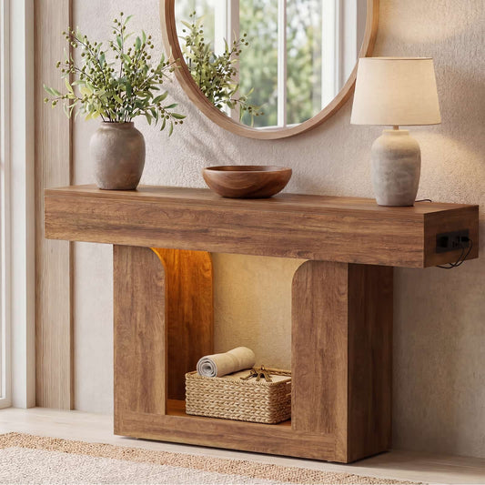 47" Farmhouse Console Table -LED Lights & Charging Station, Narrow Sofa Table for Entryway, Living Room, Foyer, Hallway