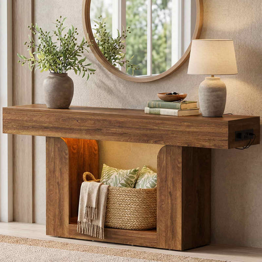 63" Farmhouse Console Table -LED Lights & Charging Station, Narrow Sofa Table for Entryway, Living Room, Foyer, Hallway, Behind Couch