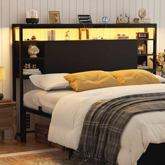 Queen Headboard with Storage, Headboards with Power Outlets and Smart LED Light, Sturdy Head Board for Queen Size Bed