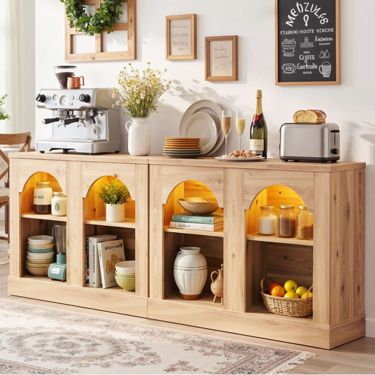 94" Natural Oak Arched Console Table with LED Lights & Adjustable Shelves - Farmhouse Sofa Table, Sideboard Buffet