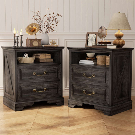 Set of 2 Nightstands with Charging Station, Farmhouse Rustic Bedside Tables with USB-C Ports, AC Outlets, Drawers & Open Shelf
