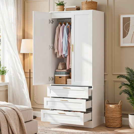 71" Tall Armoire Wardrobe Closet - 3 Drawers, Doors & Hanging Rod, Extra Deep 20" Bedroom Storage with Soft-Close Hinges