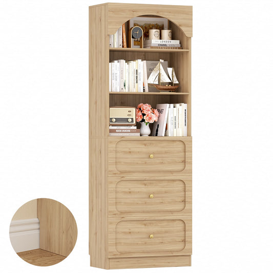 80" Tall Arched Bookcase with 3 Drawers & 3 Open Shelves - Wooden Storage Cabinet for Living Room, Kitchen