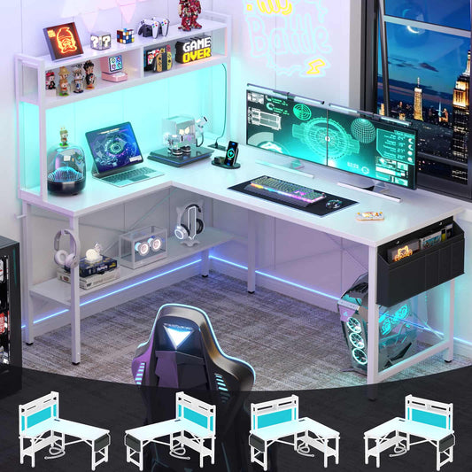 59" L Shaped Desk Gaming Desk with LED Light & Power Outlet