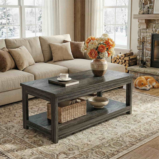 43.3” Farmhouse Wood Coffee Table with Storage Shelf, Modern Center Table for Living Room