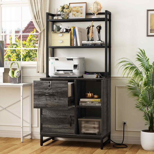 Vertical Filing Cabinet with Lock & Charging Station, Large Drawer Wood File Cabinet with Bookshelf, Printer Stand with Open Storage Shelf
