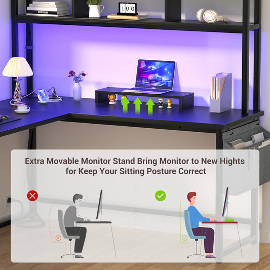 L Shaped Desk with Power Outlet, LED Strip, Storage Shelf