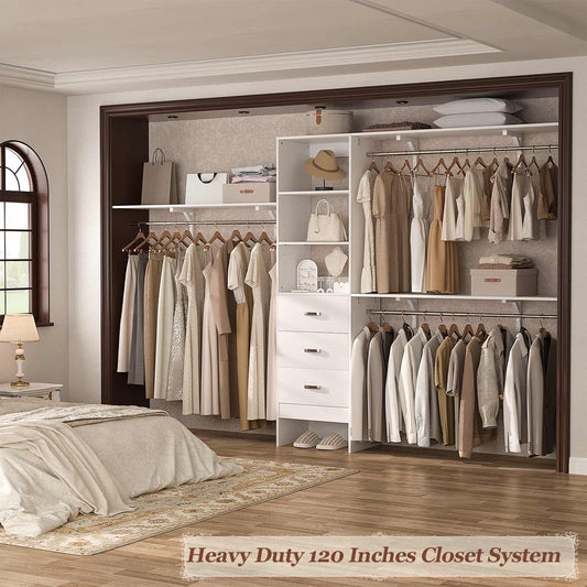120'' W Closet System with Drawers, Closet Organizer with 3 Shelving Towers