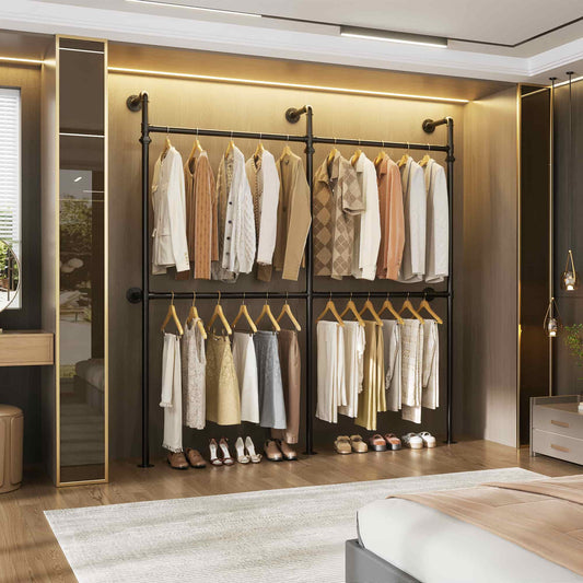 6.75FT Corner L-Shaped Wall Mounted Industrial Pipe Clothing Rack, Heavy Duty Reversible Wardrobe System for Walk-in Closets