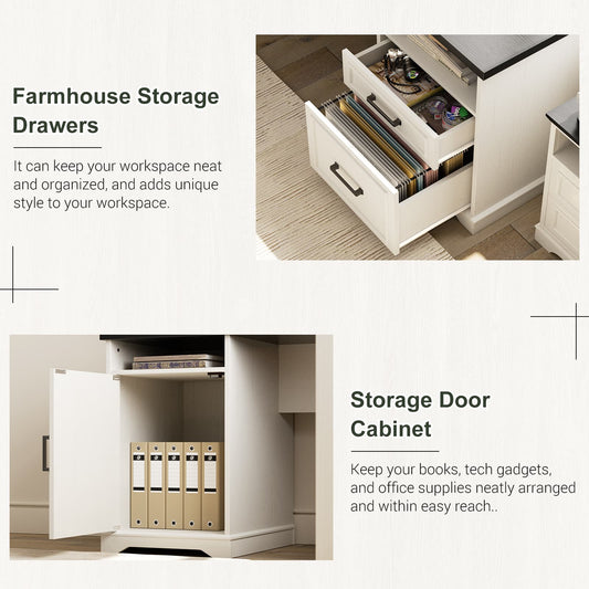 L Shaped Executive Desk with File Drawers, 60" Corner Computer Desk with Power Outlets