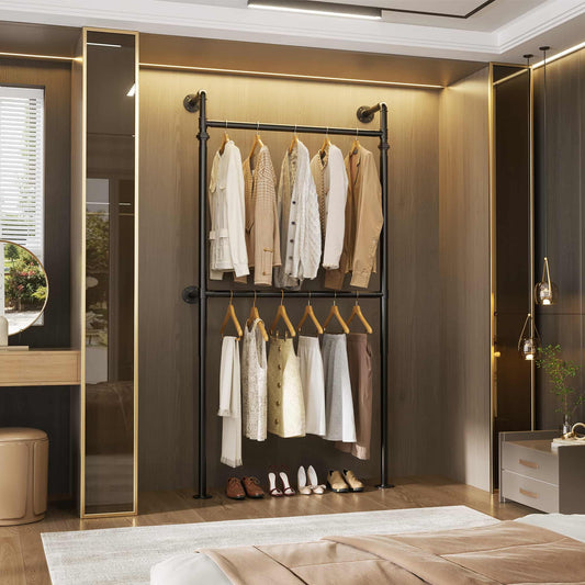 3.5FT Wall Mounted Industrial Pipe Clothing Rack, Heavy Duty & Reversible Garment Rack for Closet, Small Walk-in Wardrobe System