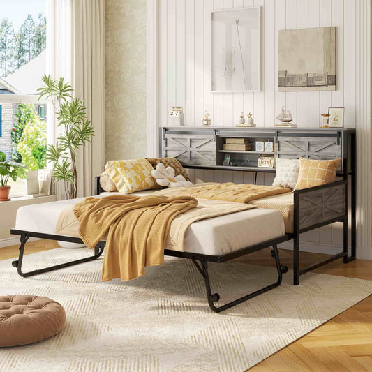 Twin Size Daybed with Trundle, Daybed with Charging Station & Storage Headboard, Heavy Duty Metal Sofa Bed Frame with Pop-up Trundle