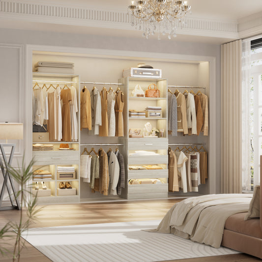 Freestanding Wardrobe Closet sets with 5 Wooden Drawers & 4 Hanging Rods, Cubby Storage & Tower Design