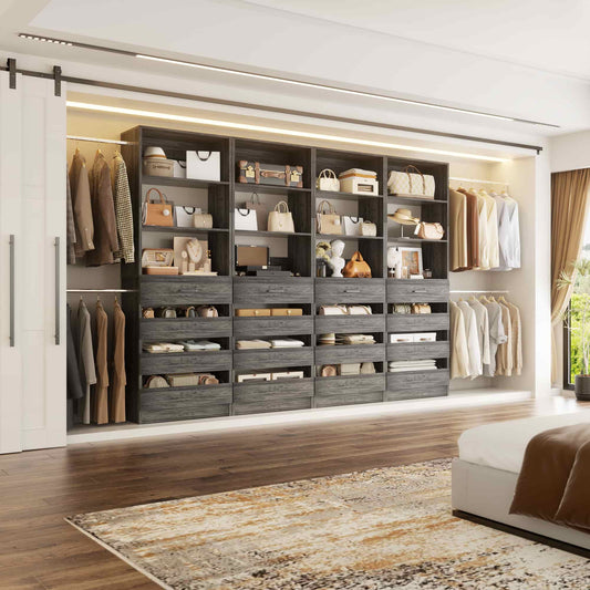 Modular Closet System 4-Pack, 12-24ft Expandable Walk-in Wardrobe Organizer with 16 Wooden Drawers & 16 Hanging Rods