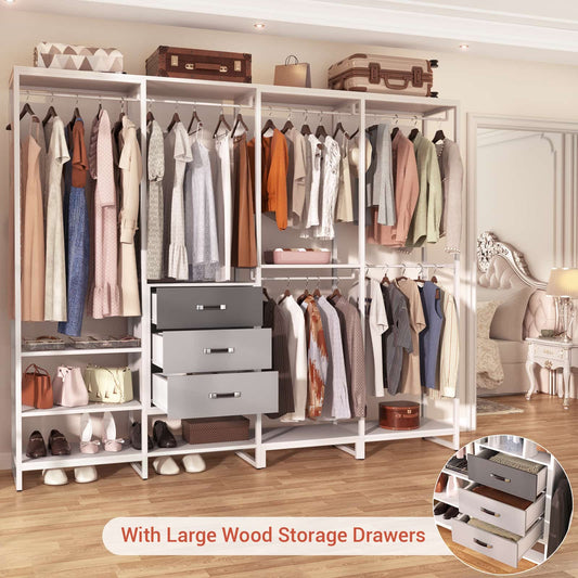 Closet System Organizer Walk-in Closet for Bedroom with 3 Wood Drawers