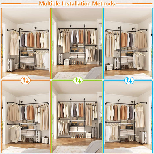 Industrial Pipe Clothing Rack, Reversible 7.25FT Wall Mounted Clothes Rack