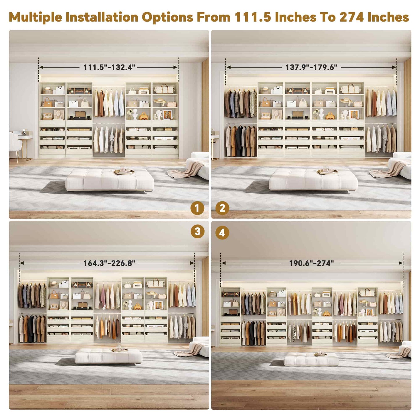 Modular Closet System 4-Pack, 12-24ft Expandable Walk-in Wardrobe Organizer with 16 Wooden Drawers & 16 Hanging Rods
