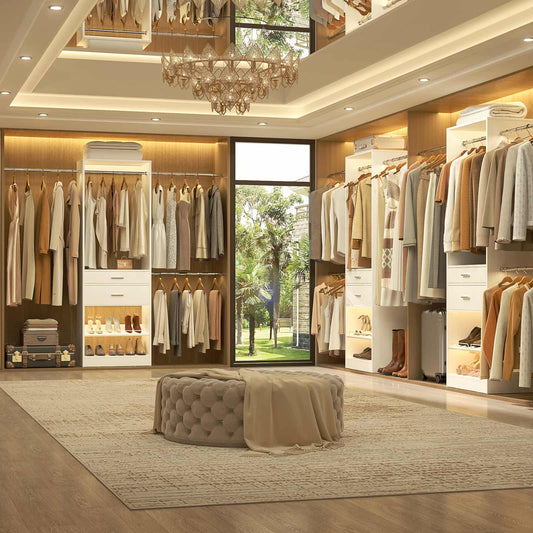 Closet System with Wooden Drawers, Adjustable Angled Shoe Rack