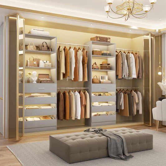 Adjustable Closet Organizer System (6-15Ft) with 8 Wooden Drawers & Modular Tower