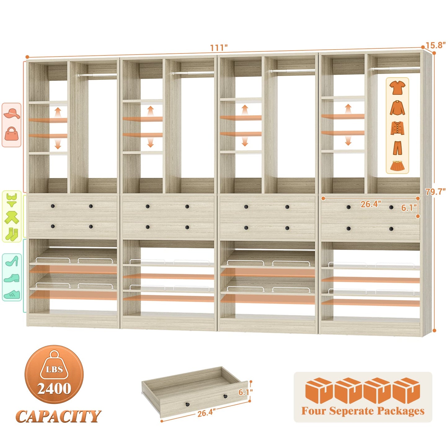 112 Inch (9.2 FT) Freestanding Wardrobe Closet Organizer with 8 Drawers & Shelves, Heavy Duty 2400+ lbs Capacity