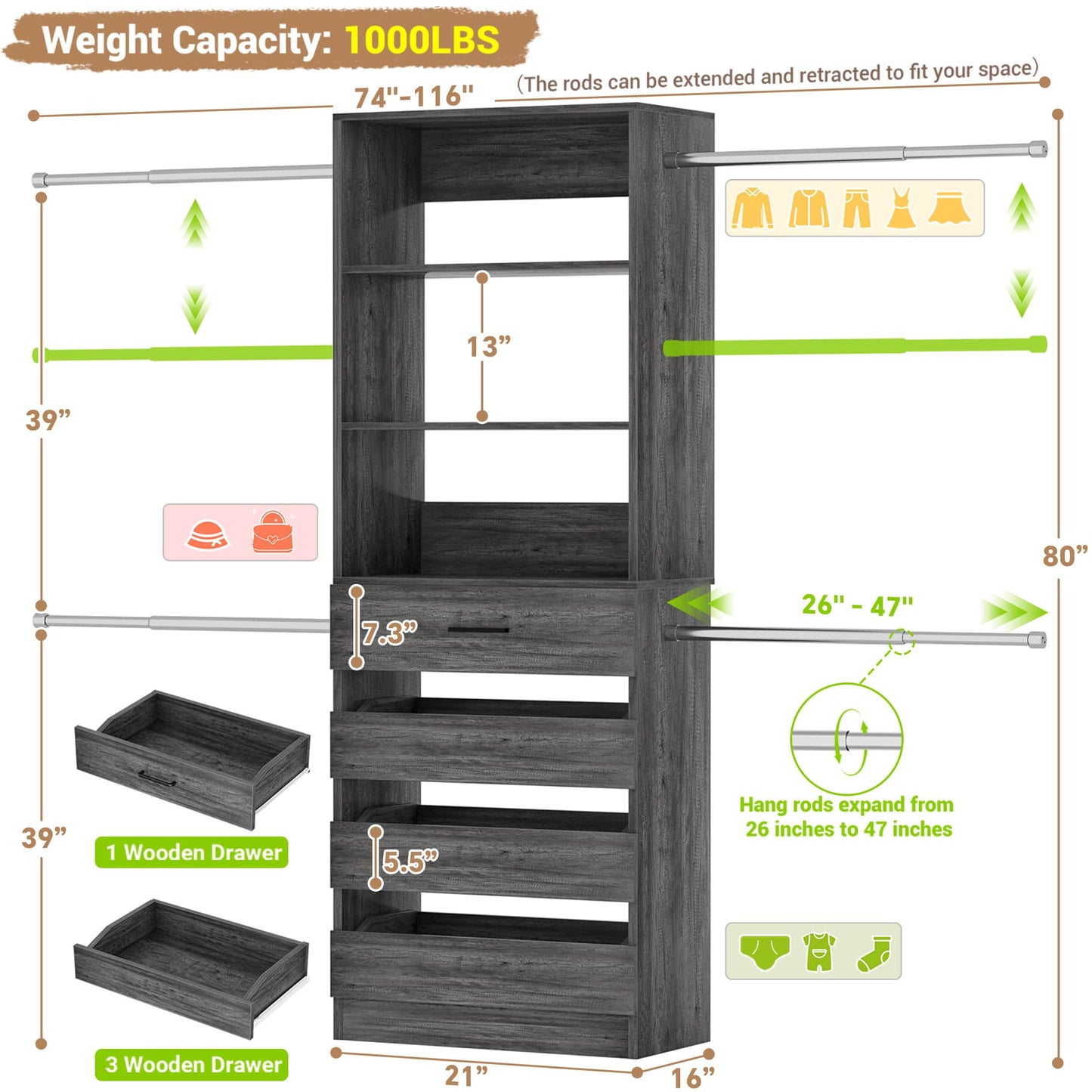 4-9 Ft Adjustable Wooden Closet Organizer System