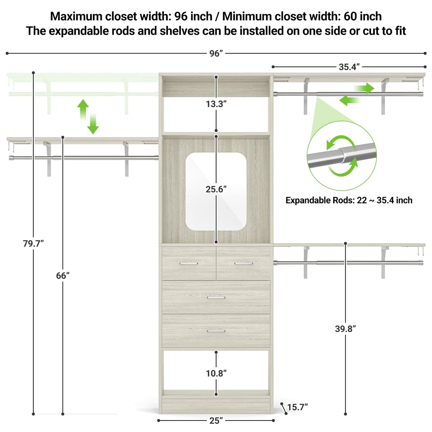 8FT Walk in Closet Organizer with 3 Hanging rods and Shelves