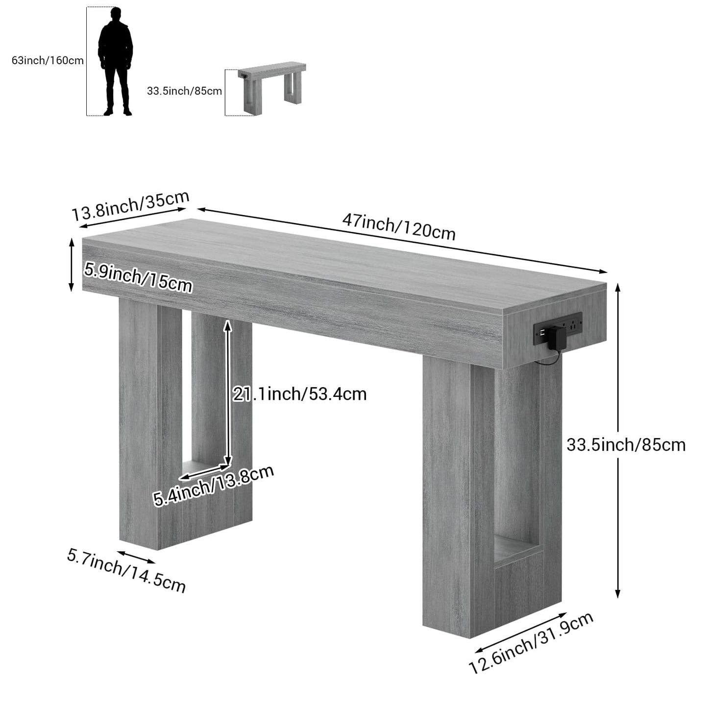 47" Console Table with Socket & Sensor Light, Narrow Entryway Table with Storage for Hallway/Living Room, Farmhouse Style