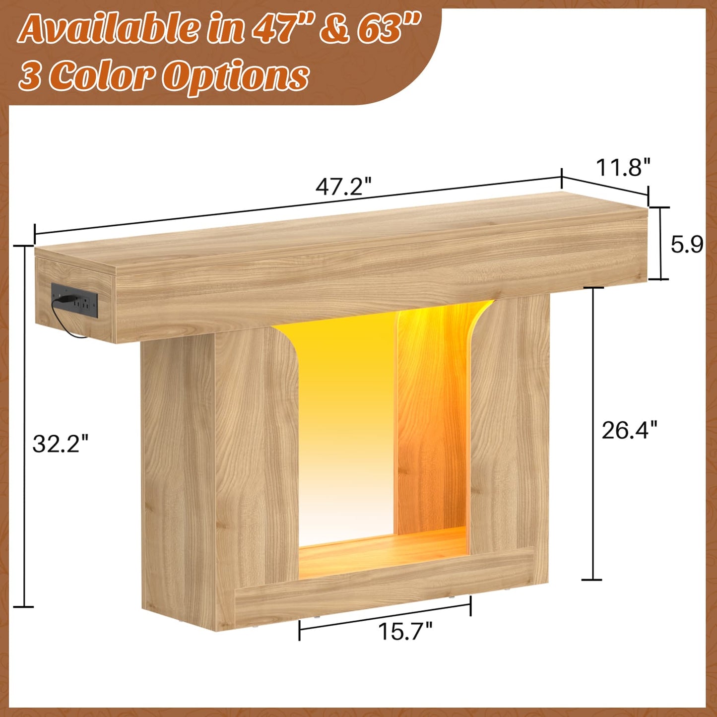 47" Farmhouse Console Table -LED Lights & Charging Station, Narrow Sofa Table for Entryway, Living Room, Foyer, Hallway