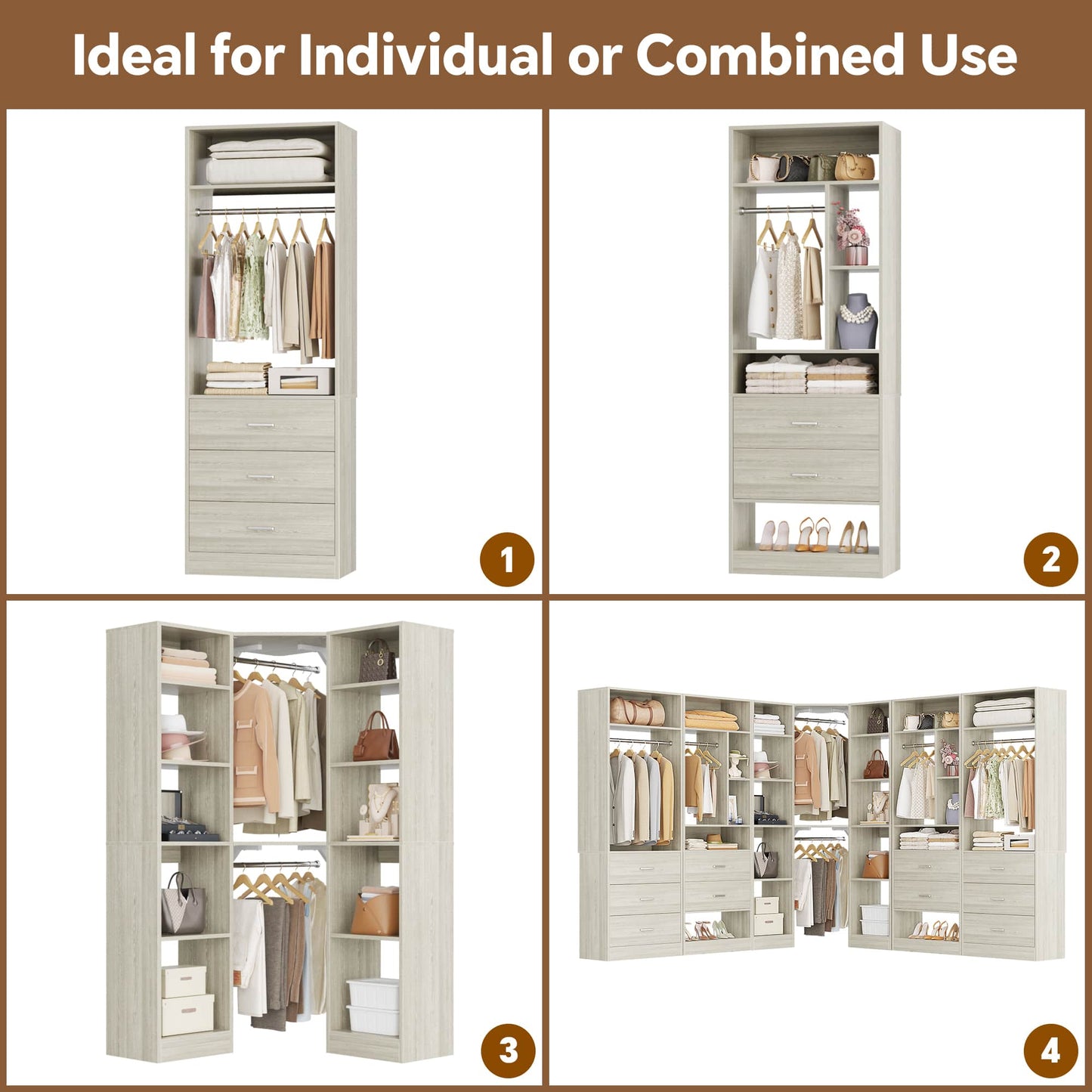 Complete Corner & Straight Closet Organizer Suite:1 Corner Shelf Unit + 4 Tower Systems ( 4-Drawer+ 6-Drawer Options)