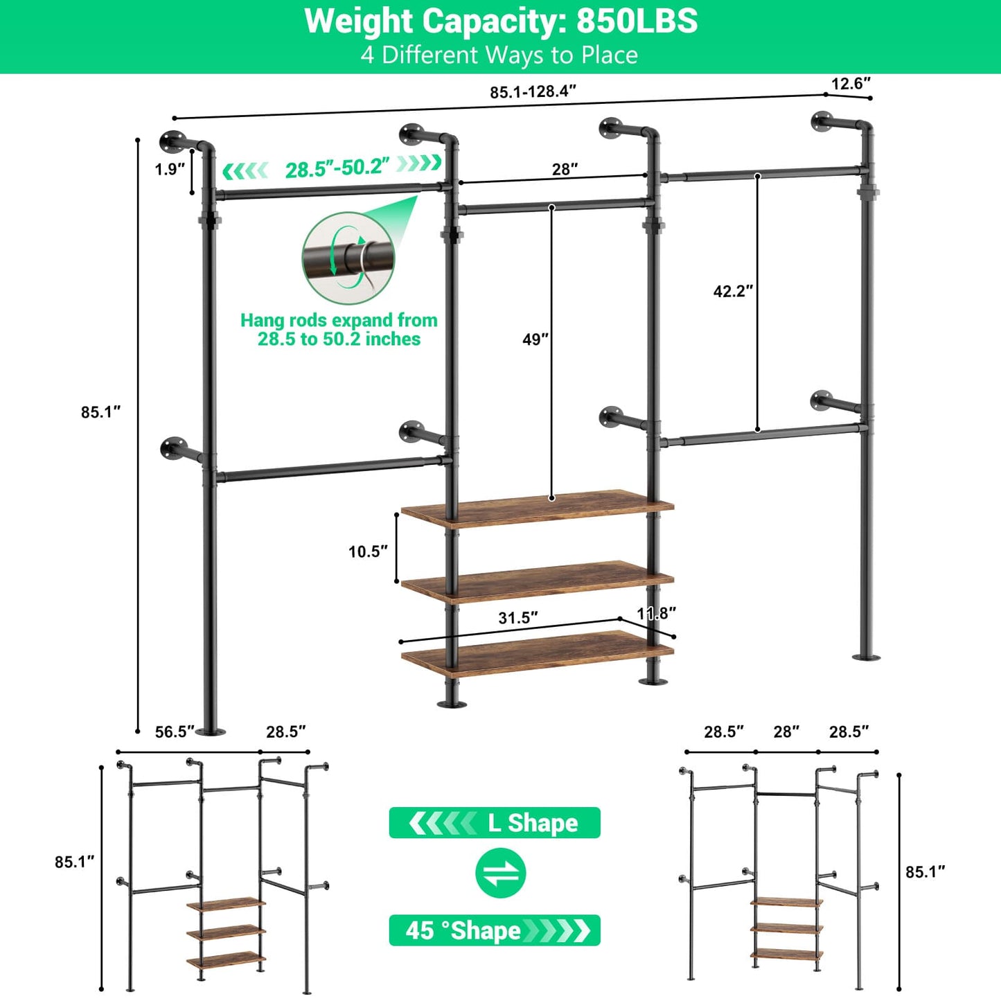 84"-128" Adjustable Metal Pipe Clothing Rack Wall-Mounted,Industrial Garment Rack with 3-Tier Wooden Shelves,Heavy-Duty 1000LBS Capacity