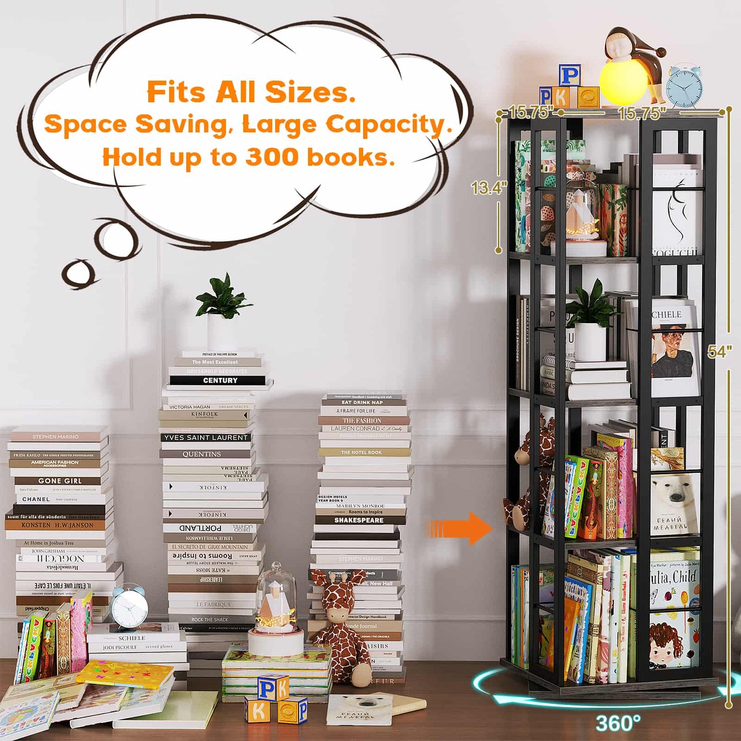 Rotating Bookshelf, Corner Bookshelf, 360 Display Wood Spinning Bookshelf