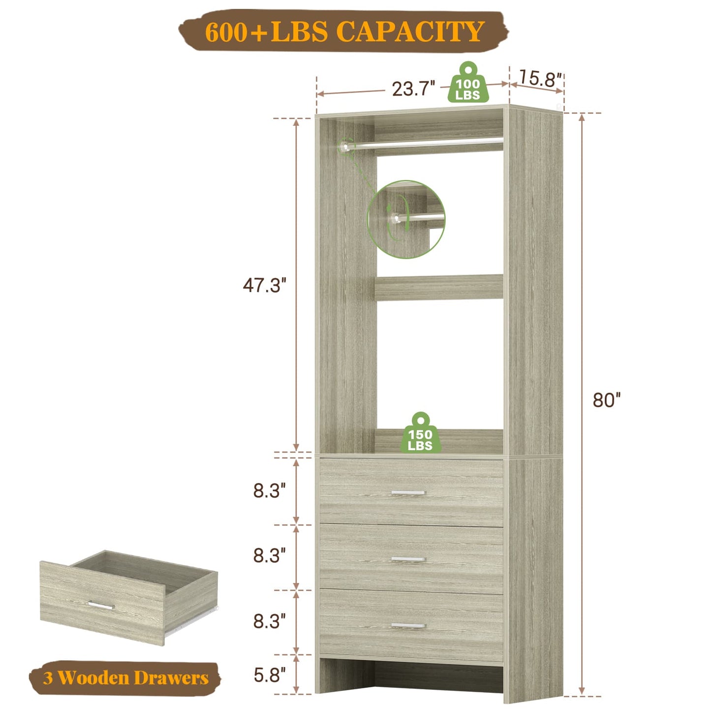 2FT Closet System with Wooden Drawers