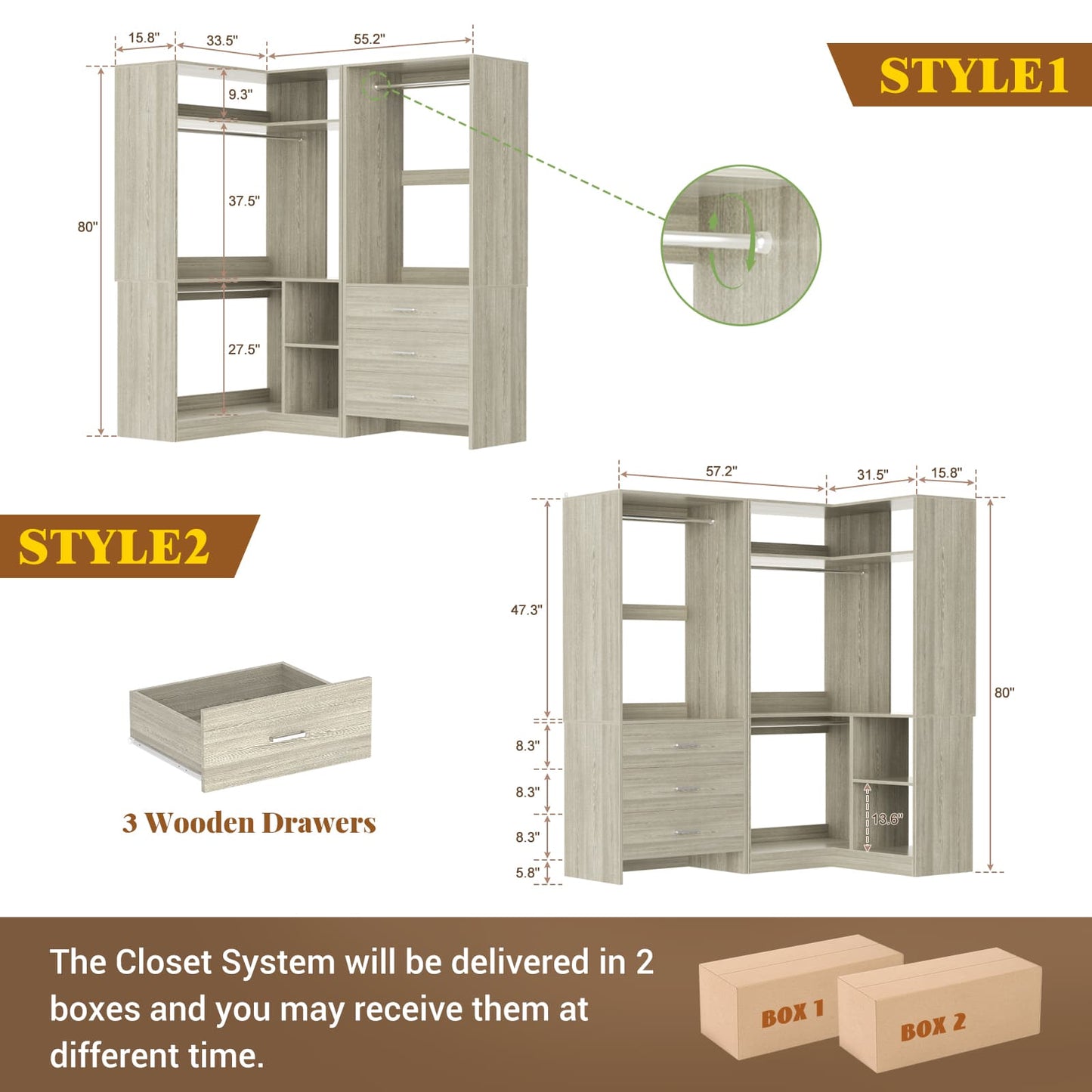 Closet System with 3 Drawers, 2 Hanging Rods & Corner Tower