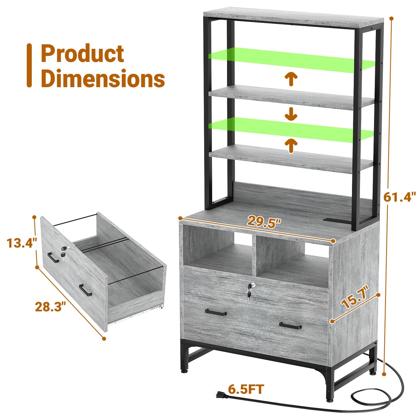 File Cabinet with Charging Station, Vertical Filing Cabinet with Lock & Large Drawer