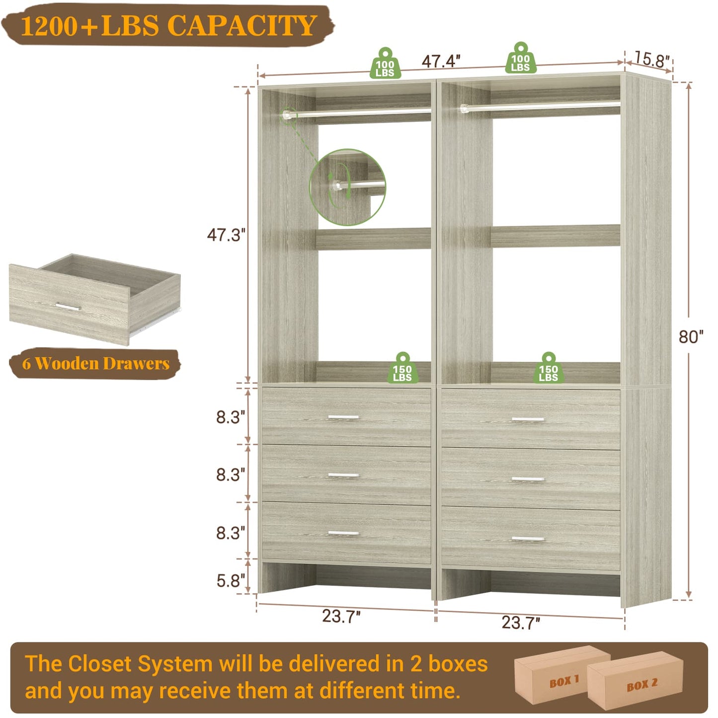 4FT Closet System with Wooden Drawers