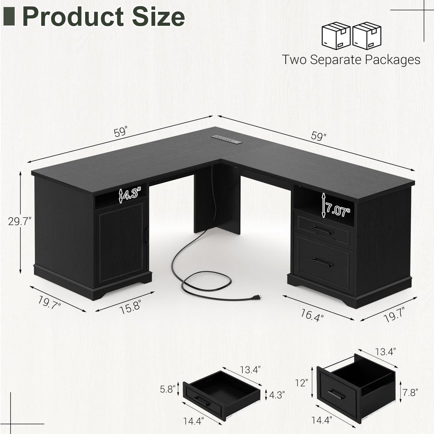 L Shaped Executive Desk with File Drawers, 60" Corner Computer Desk with Power Outlets