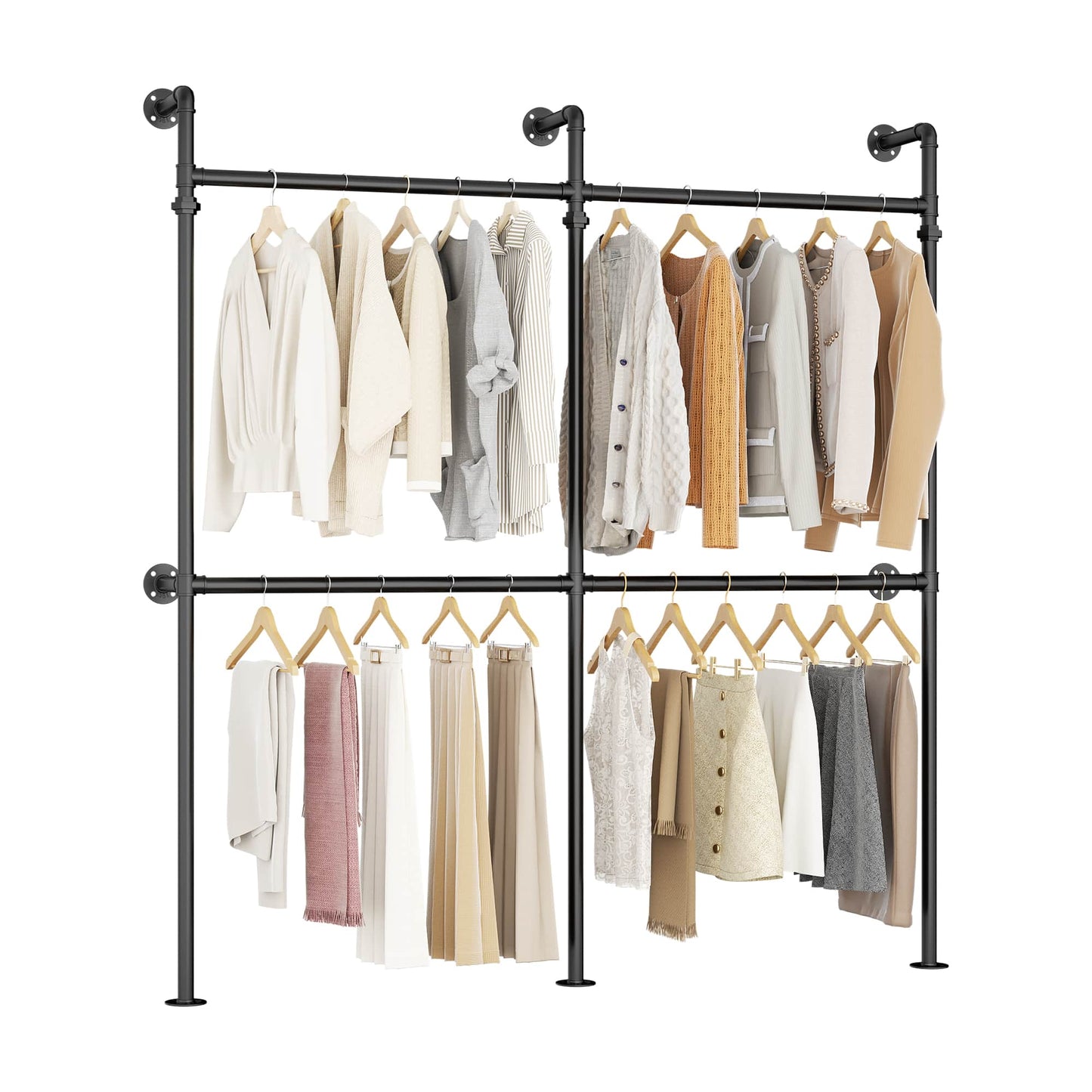 6.75FT Corner L-Shaped Wall Mounted Industrial Pipe Clothing Rack, Heavy Duty Reversible Wardrobe System for Walk-in Closets