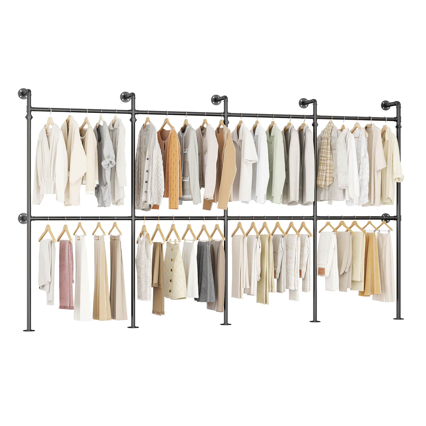 13FT Large Corner L-Shaped Wall Mounted Industrial Pipe Clothing Rack, Heavy Duty Reversible Walk-in Closet Wardrobe System