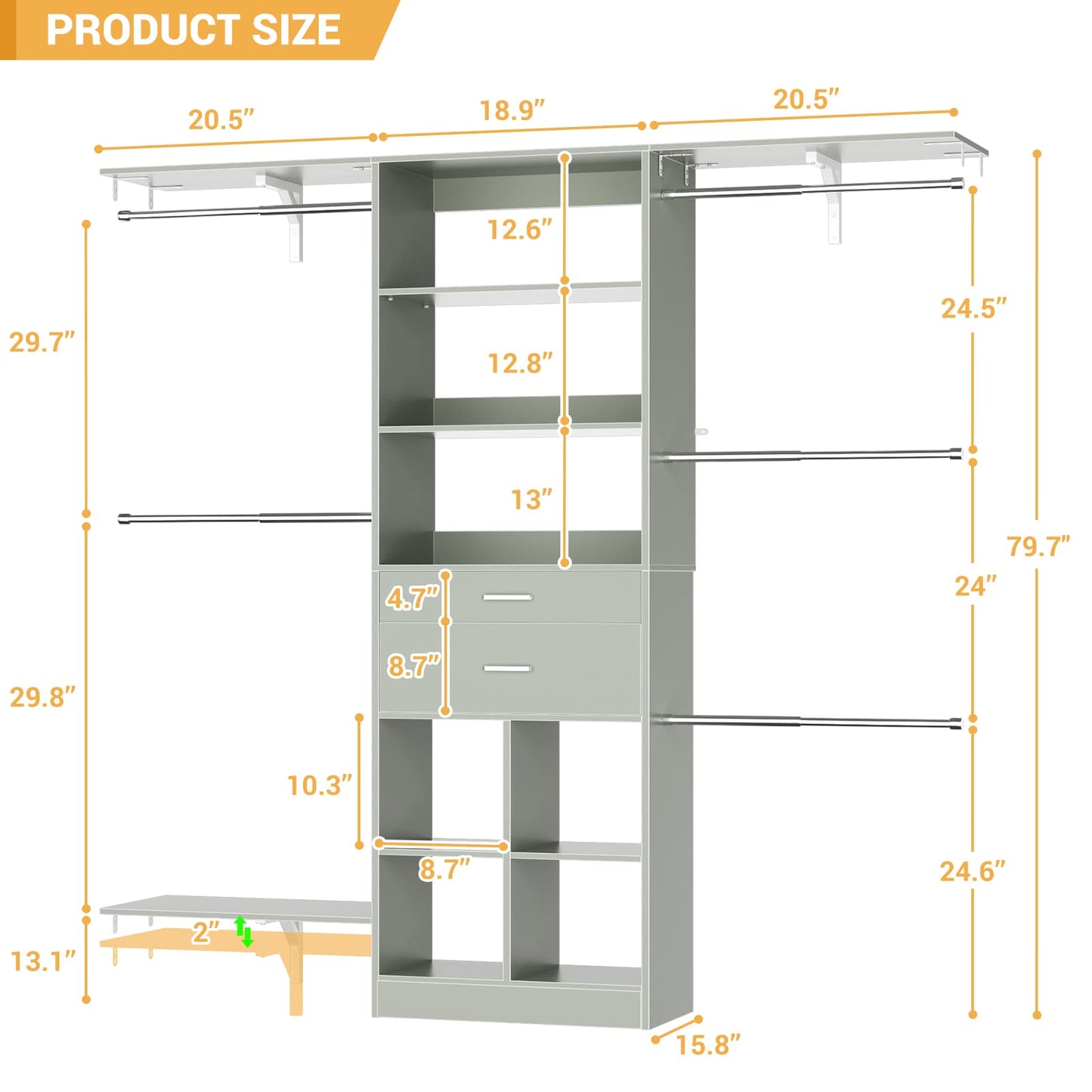 5FT Small Closet System, Baby Closet Organizer System with Wooden Drawers