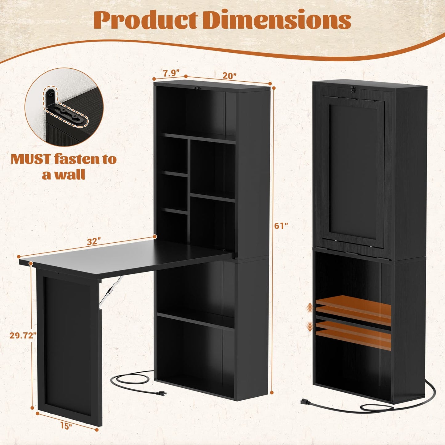 Small Folding Desk with Outlets, Convertible Writing Desk for Small Spaces