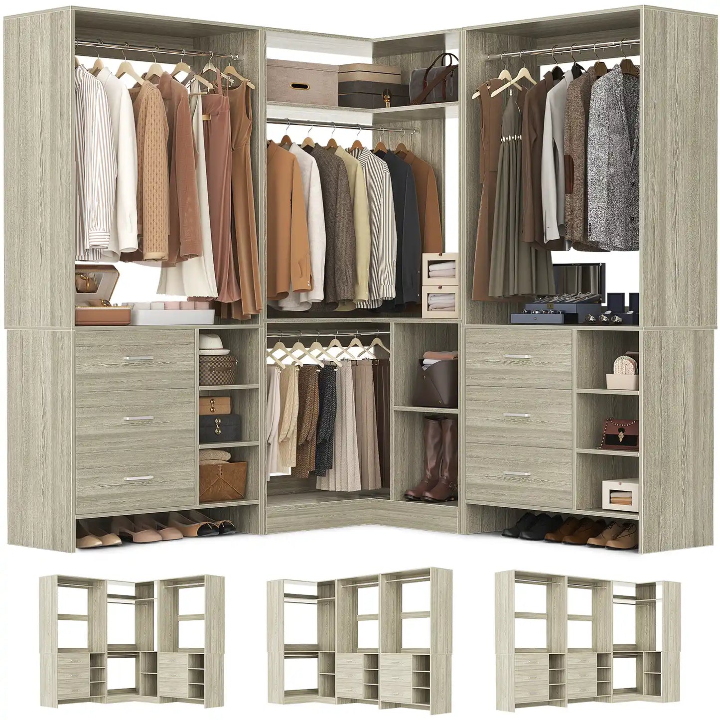 Closet System with 6 Drawers, 4 Hanging Rods & Corner Tower