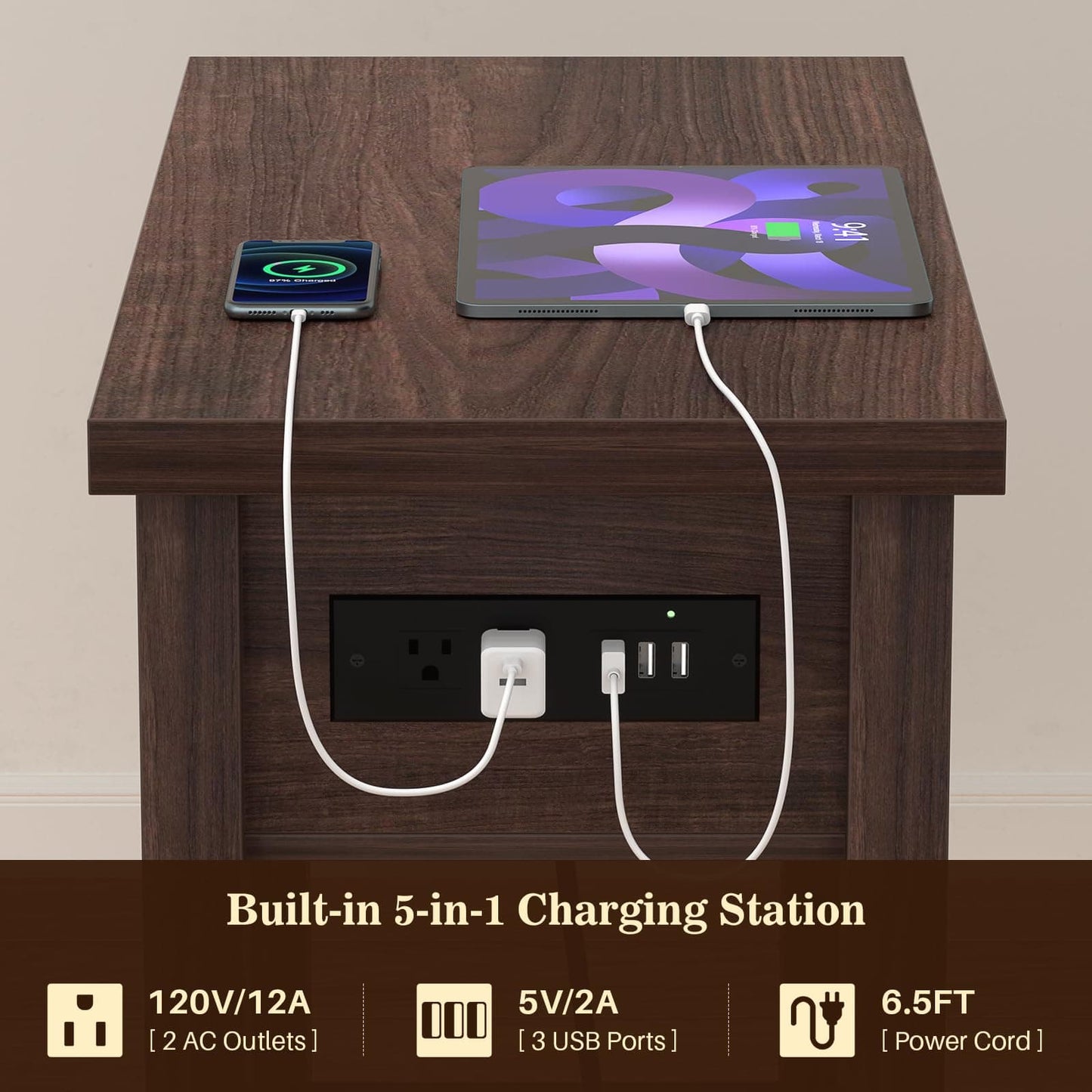 2-Pack Farmhouse End Tables with Charging Station - Skinny Nightstand Set With Drawer & Shelf for Small Spaces