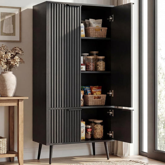 51.2" Freestanding Storage Cabinet with 4 Fluted Doors, Adjustable Shelves & Raised Legs - Wobble-Free Organizer for Bathroom, Kitchen, Living Room