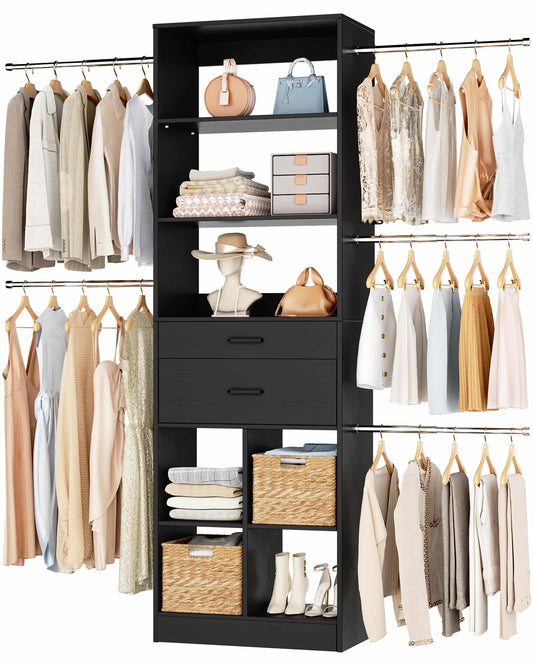 Adjustable Small Closet System, 3.2-6.8FT Expandable Closet Organizer with 2 Wooden Drawers & 5 Heavy-Duty Hanging Rods