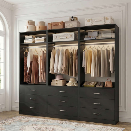 Freestanding Closet System Set - 3-Pack with 3 Wood Drawers Each,With Hanging Rod & Shelves, 24"L x 15"W x 80"H
