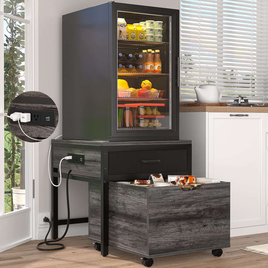 Mini Fridge Stand with Drawer Storage & Sockets, Heavy Duty Mini Refrigerator table with Rolling Cabinet
