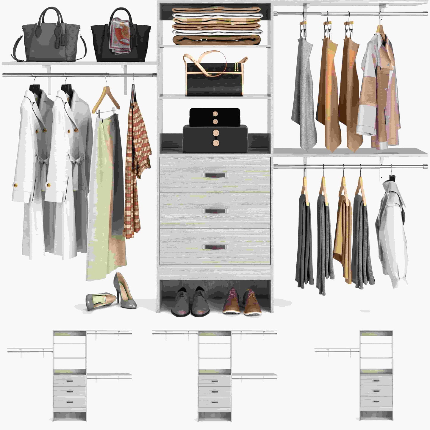 96‘’ W Closet System, Walk In Closet Organizer with 3 Shelving Towers