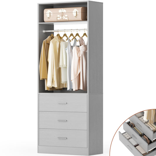 Freestanding 2FT Closet System with 3 Wood Drawers, 24" Closet Organizer System with Hanging Rod & Shelves