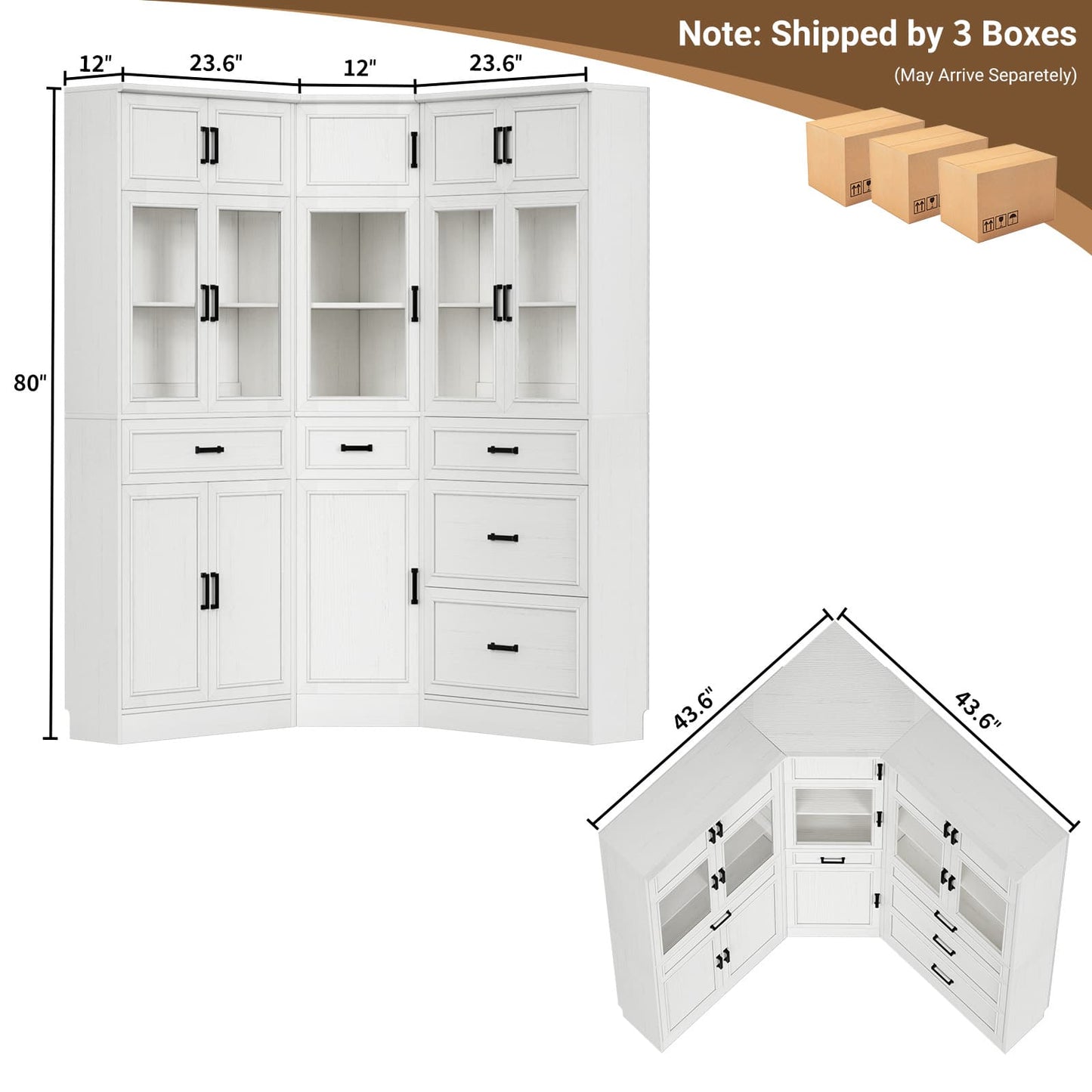 80" Farmhouse Corner Cabinet + Freestanding Pantry Set with Adjustable Shelves, Tempered Glass Doors, Versatile Storage