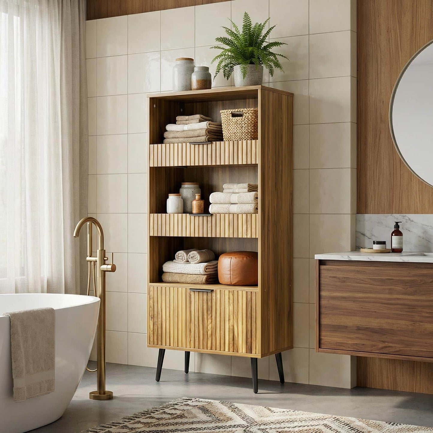 Modern Fluted Storage Cabinet, 51.2" Tall Freestanding Organizer with 3 Drawers & Open Shelf, Versatile Pantry Cabinet for Bathroom, Kitchen, Entryway - Narrow Design for Small Spaces